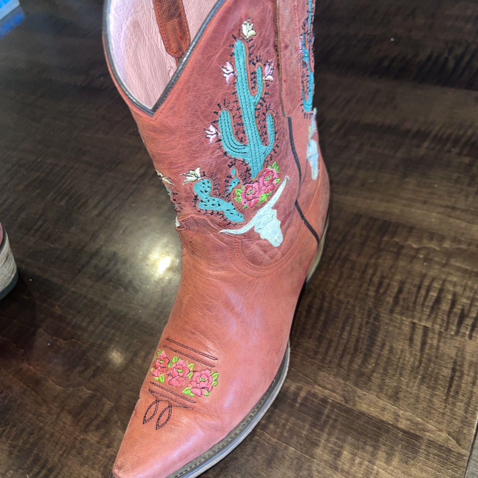 Junk Gypsy By Lane Bramble Rose Pink Cactus Inlay Bootie Leather Cowboy Boots 10